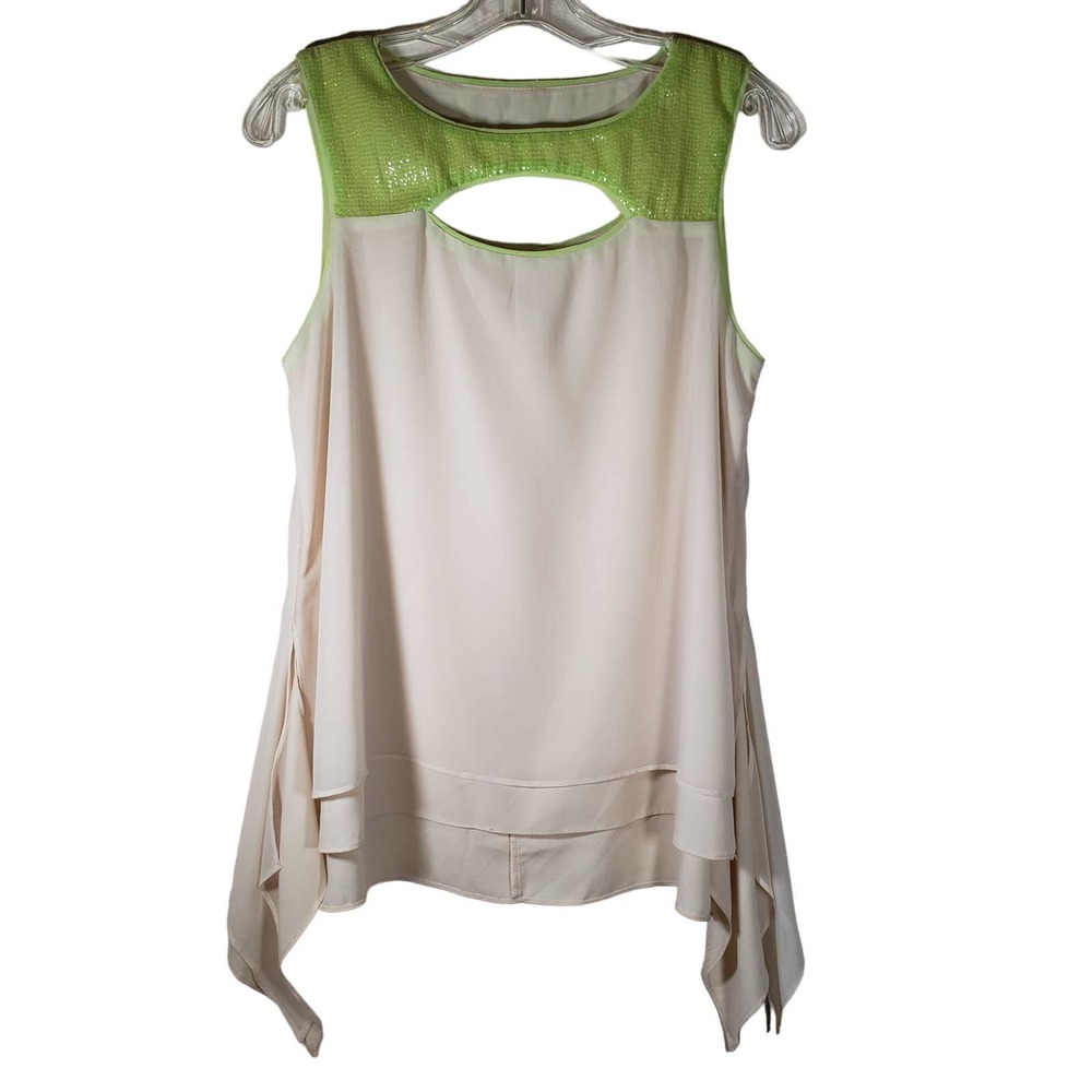 Esley Top L Cream Green Sequin Flowy Sleeveless Flutter